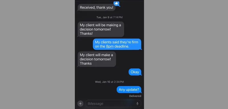 Text message from listing agent to realtor stating seller needs an extra day to respond to buyer's offer.
