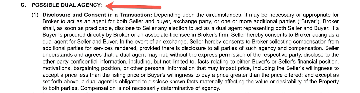 Screenshot explaining how the seller's broker may represent both the seller and the buyer in the transaction.
