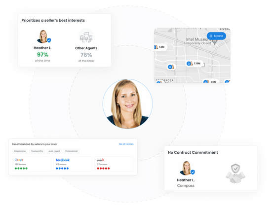Real estate agent profile on SoldNest showing a map of past home sales, client reviews, dual agency history, and no contract commitment