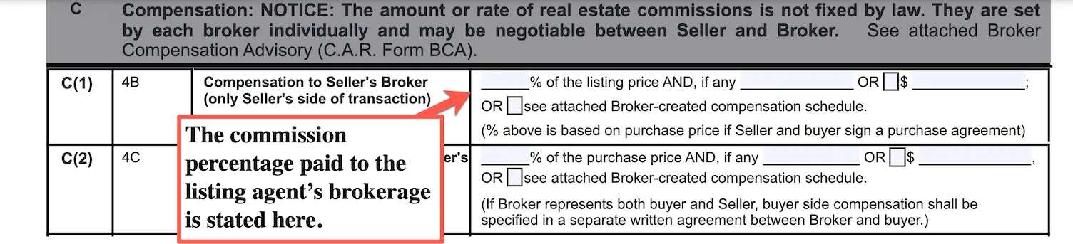 Example of the commission section showing the percentage paid to the listing agent’s brokerage.