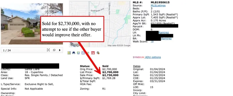 MLS listing details showing home sold for $2,730,000 in a dual agency transaction (sale price highlighted)