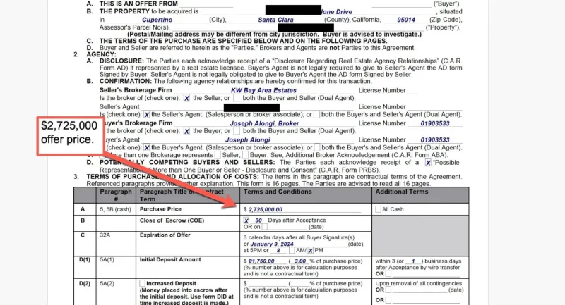 Real estate purchase agreement showing $2,725,000 buyer offer price (purchase price field highlighted)