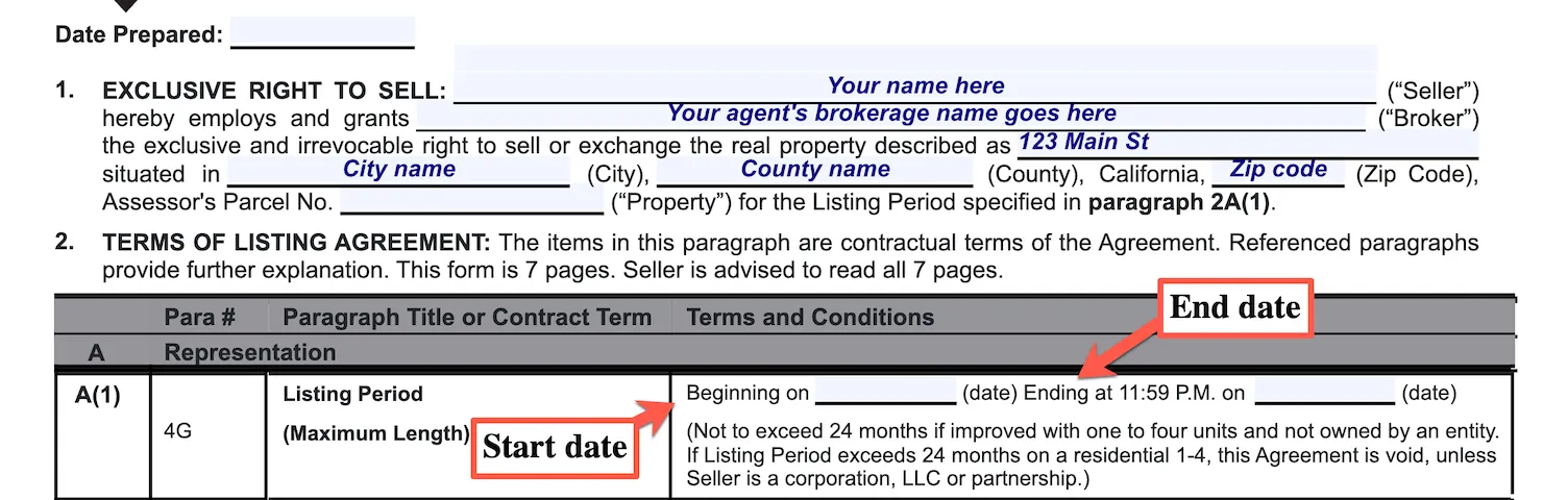 Example of a real estate listing agreement showing the contract start and expiration dates.