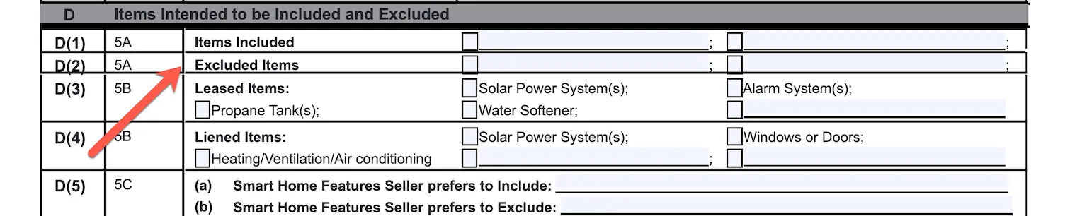 Screenshot specifying which items the seller is opting to include and exclude from the sale.